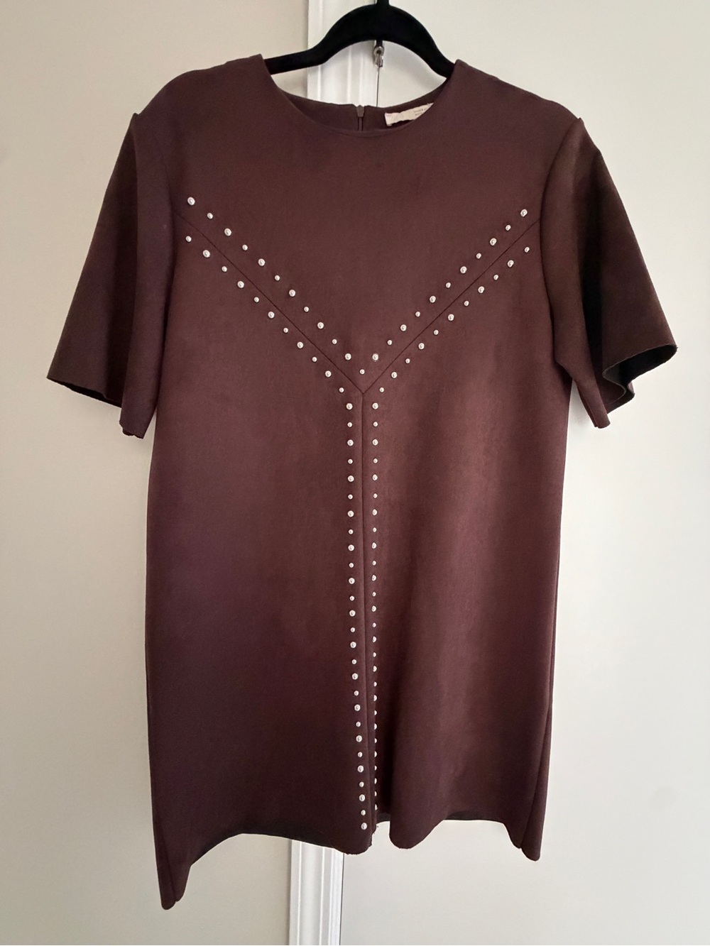 Zara Dark Brown suede Stud-Embellished Short Sleeve Shift Dress
